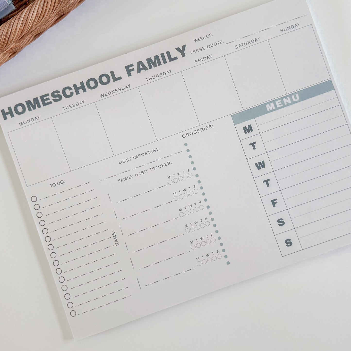 Homeschool Weekly Planner Notepad for Families