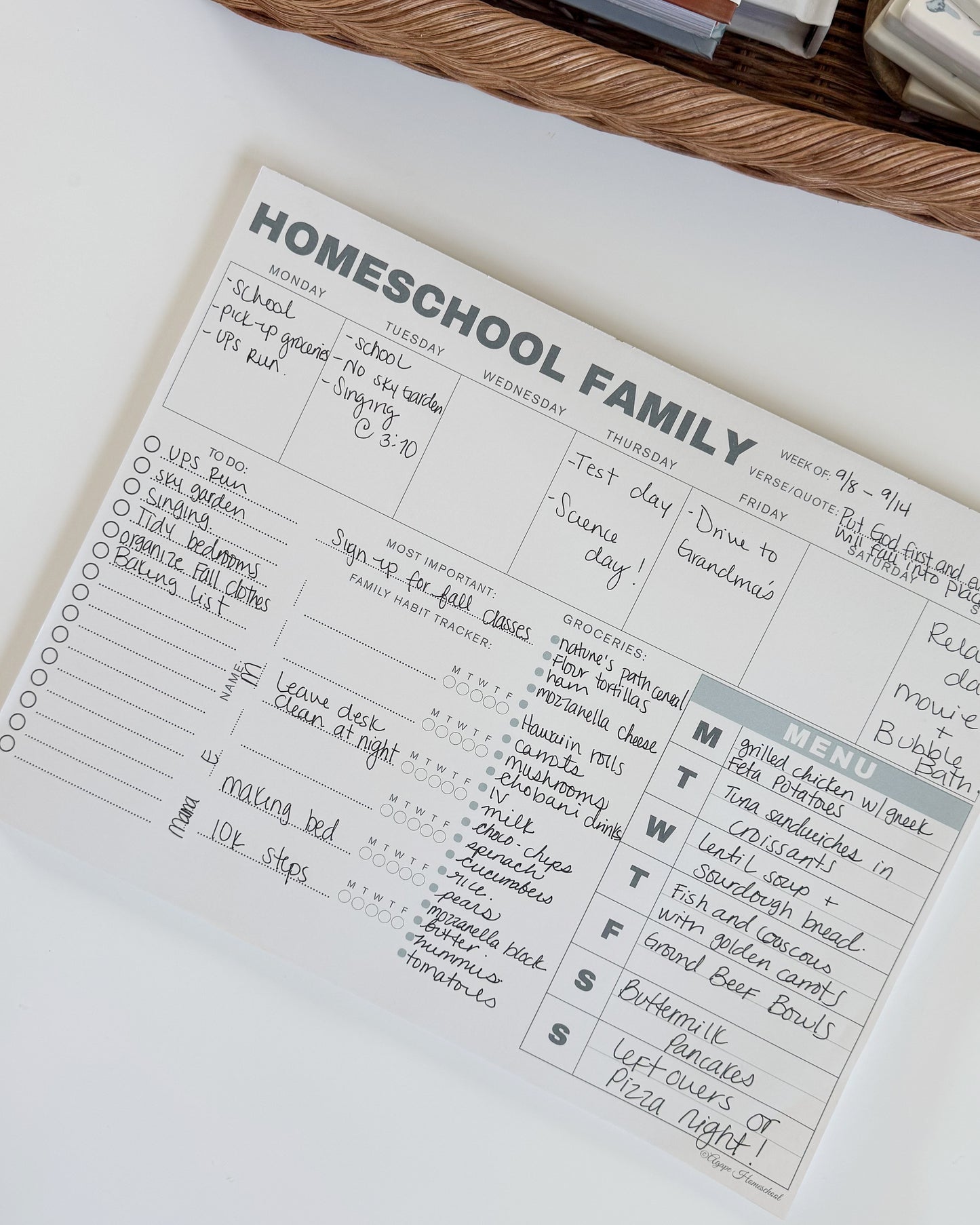 Homeschool Weekly Planner Notepad for Families