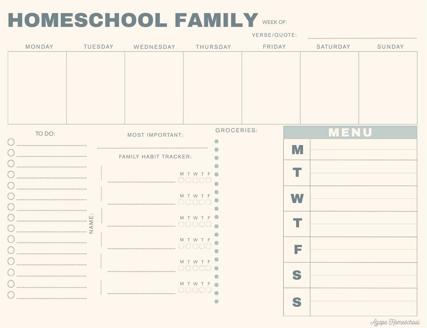 Homeschool Weekly Planner Notepad for Families