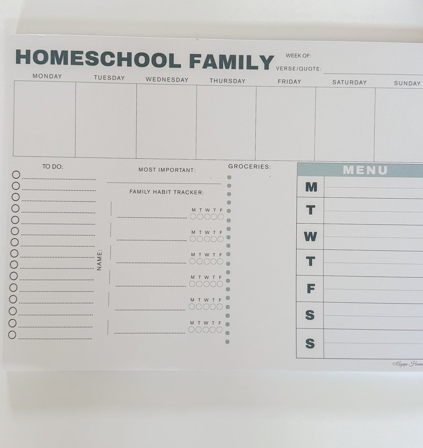 Homeschool Weekly Planner Notepad for Families